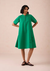 A Model Wearing Green Poplin Bright Blessings Mandarin Collar Organic Cotton Dress, curated by Only Ethikal